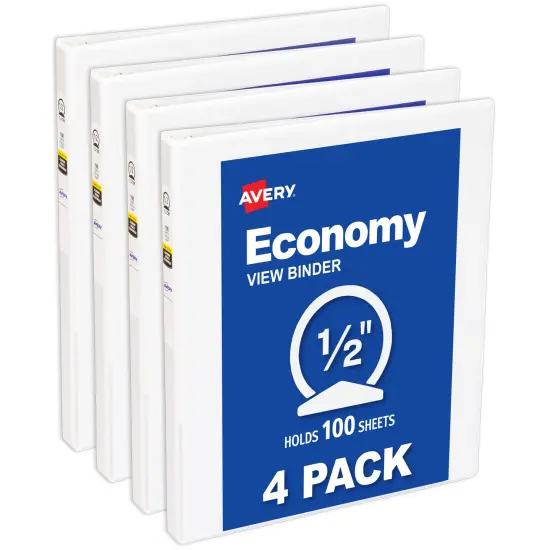 Avery Economy View 3 Ring Binders, 0.5" Round Rings, 100 Sheet Capacity, 0.7" Wide Spine, White Binders (4-Pack of 05750) {1}