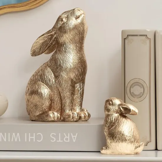 Set of 2 Easter Bunny Figurines, Gold Home Decor Resin Rabbit Statue {1}