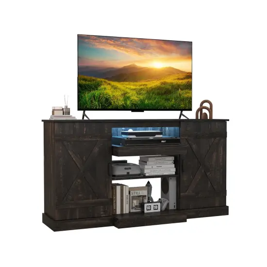Dark Rustic Oak TV Cabinet with LED Lights, Storage, Adjustable Shelves {1}