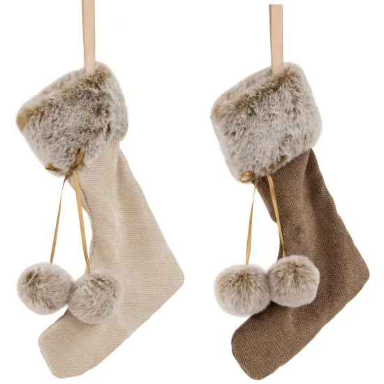 Northlight Plush Stockings Christmas Ornaments -7.5" - Beige and Brown - Set of 2 {4}