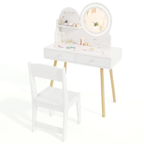 MDF and Pine Wood Kids Princess Dressing Desk with LED Mirror, Storage and Chair White {4}