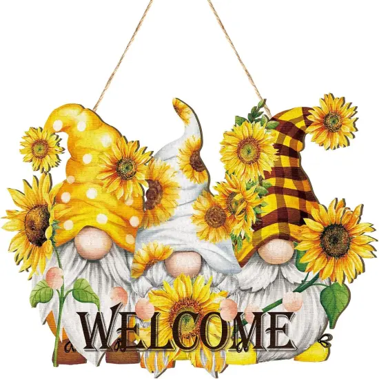 Sunflower Welcome Wood Door Hanger Wooden Gnome Sign Farmhouse Wall Porch Art Summer Fall Front Door Wreath Hanging for Bedroom Living Room Indoor Outdoor Kitchen Home Decor {1}