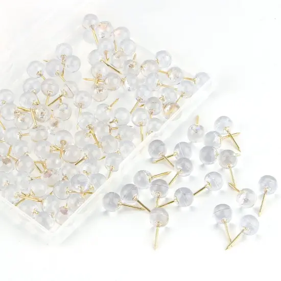 Push Pins 1/3 Inch Gold Map Tacks 100-Count Large Size Pins Golden Steel Point and Transparent Plastic Round Head (Gold) {2}