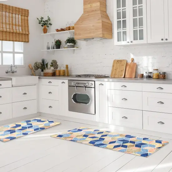 Set of 2 Anti Fatigue Kitchen Floor Mats, Non Slip Cushioned Rug and Runner (Diamond Print) Blue {2}