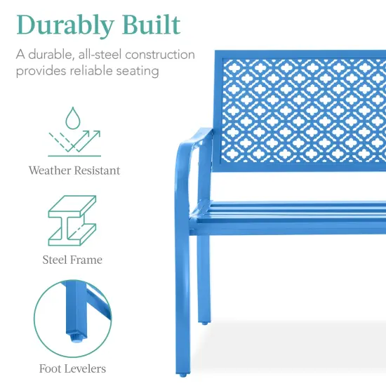 Best Choice Products Indoor Outdoor Steel Garden Bench w/ Geometric Backrest, Foot Levelers Ocean Blue {2}