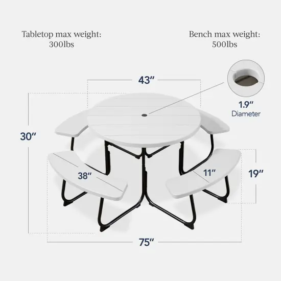 Best Choice Products 8-Person Circular Outdoor Picnic Table w/ 4 Benches, Umbrella Hole, 2000lb Capacity White {2}