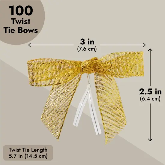 100-Pack Twist Tie Bows, Metallic Gold Pre-Tied Satin Ribbon for Gift Wrap Bags Boxes, Party Favors, Baked Goods, Crafts, Mini Bowties for Hair Decorations (2.5x3 in) {5}
