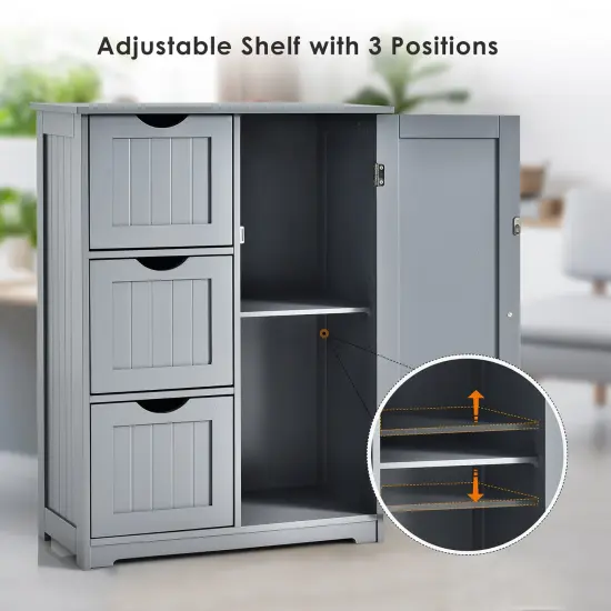 Costway Bathroom Floor Cabinet Side Storage Cabinet with 3 Drawers and 1 Cupboard Grey\ Black {5}