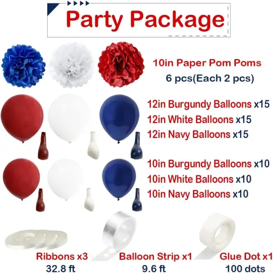 Dark Red White and Blue Balloons Garland Arch Kit with 75Pcs Navy Burgundy White Balloons 6Pcs Paper Flowers for 4th of July Patriotic Graduation Decorations Baseball Bday Party Nautical Baby Shower {3}