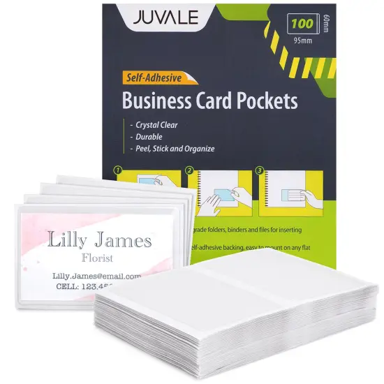 100-Pack Clear Business Card Pockets Holders 3.75x2 In, Self-Adhesive Side Load Plastic Protector, Sleeves Labels, Bulk Set for Storage, Organization, Labeling Bins, Folders, and Files {1}