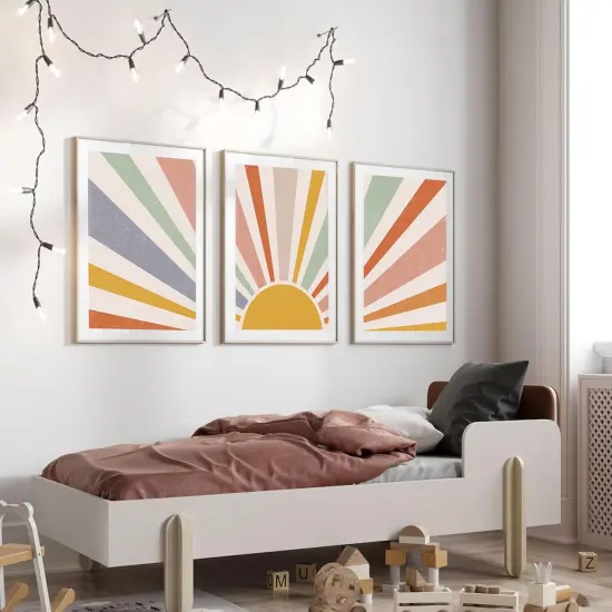 3pcs Summer Boho Canvas Wall Art Rainbow Sun Rising on the Horizon Geometric Nature Illustration Line Pictures Wall Decor Posters Prints for Toddler Kids Room Home Decoration Unframed {4}