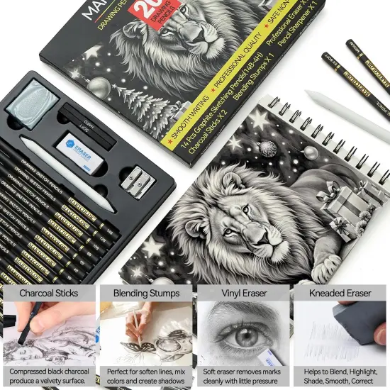 Drawing Sketching Pencil Set, 20 Pieces, Graphite Pencils (14B-4H), Charcoal Sticks, Stump, Eraser, Sharpeners, Ideal for Drawing Art, Sketching, Artist Pencils for Beginners & Pro Artists {4}