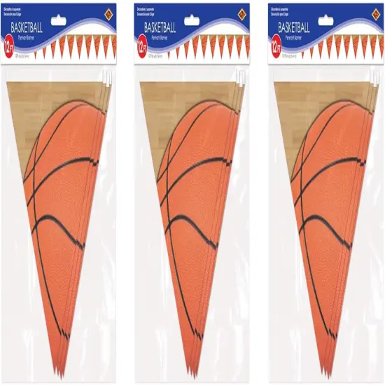 Plastic Pennant Banners 3 Piece Birthday Basketball Decorations Sports Party Supplies, 11" x 12', Orange/Black/Tan {3}