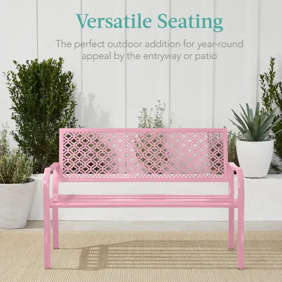 Best Choice Products Indoor Outdoor Steel Garden Bench w/ Geometric Backrest, Foot Levelers Pink {5}