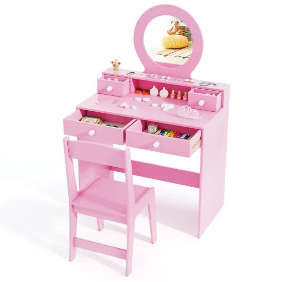 MDF Kids Vanity Set with Acrylic Mirror, Storage and Chair Pink {4}