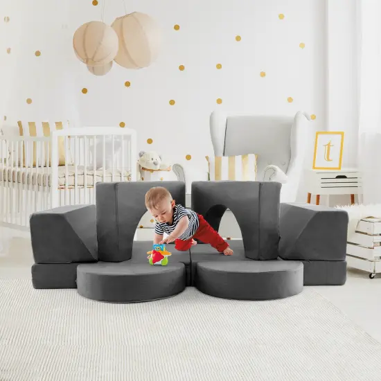 Suede Fabric Kids Modular Play Sofa and 8-Piece Play Couch with Soft Foam Gray {3}