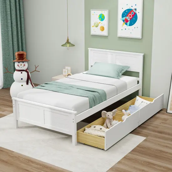 Twin Size Platform Bed with Drawers, Wood Headboard and Sturdy Frame White {3}