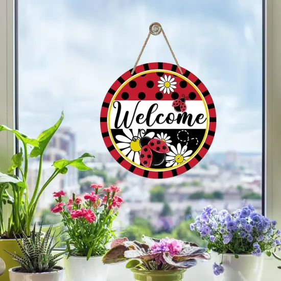 Summer Ladybug Front Door Sign, Daisy Flower Red Black Wood Door Hanger Outdoor Outside Porch Decor, Polka Dot Stripes Seasonal Wooden Wreath Indoor Wall Hanging Decoration {4}