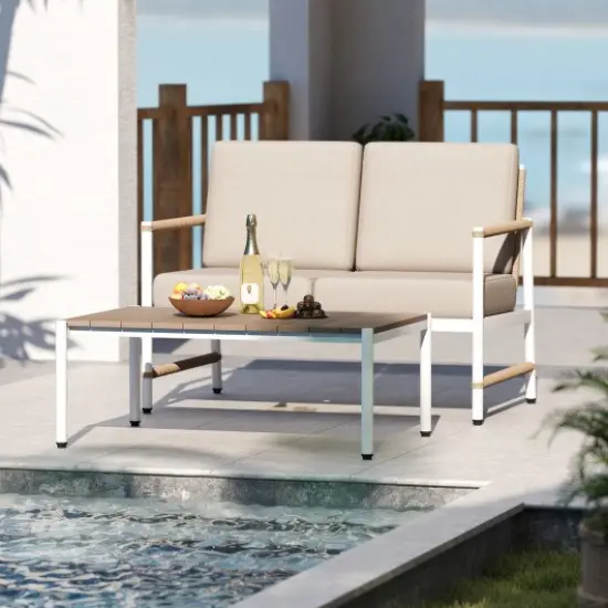 3-Pieces Outdoor Furniture Set Including Loveseat and Coffee Table with Thick Cushions {2}