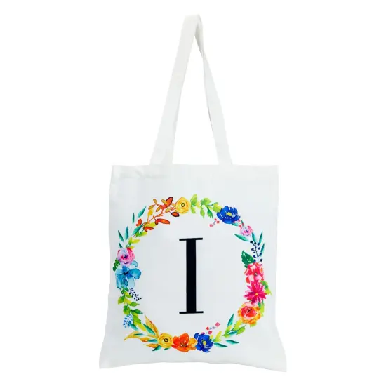 Set of 2 Reusable Monogram Letter I Personalized Canvas Tote Bags for Women, Floral Design (29 Inches) White {5}