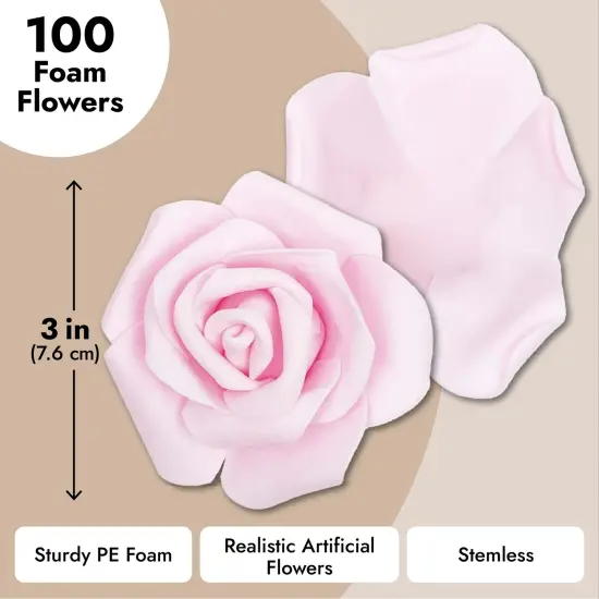 Bright Creations 100 Pack Pink Artificial Rose Flower Heads for Wall Decoration, Wedding Centerpieces, Bridal Showers Backdrop (3 Colors, 3x1.2 in) {6}