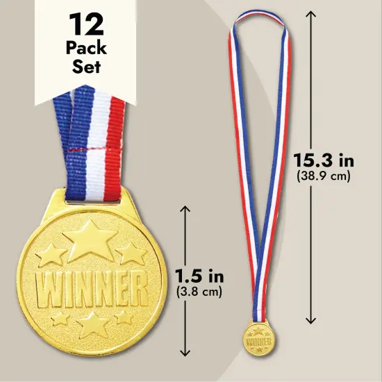 12 Pack Gold Winning Participation Medal Awards for Contests with Neck Ribbon for Sports, Competitions, Tournaments, Spelling Bees, Olympic Style for Kids and Adults (Metal, 1.5 Inches) {4}