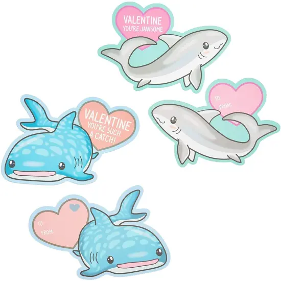 Pipilo Press 36 Pack Cute Shark Animal Valentine's Cards with Envelope, 6 Assorted Heart Designs with 9 Sheets Stickers, Kids Blank Notecards for Classroom Exchange Gift (3.5 x 6 Inch) Blue {5}