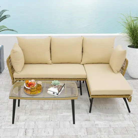3 Pieces L-Shaped Patio Sofa with Tempered Glass Coffee Table with Metal Frame Beige {1}