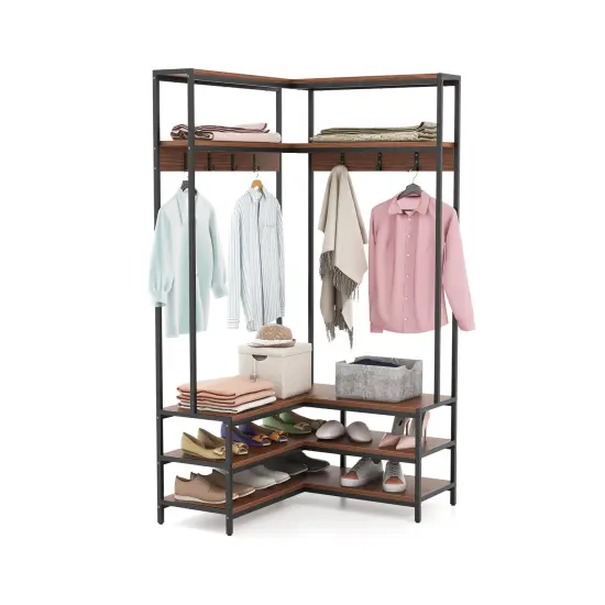 Multi-purpose Coat Rack with Open Shelves & Metal Hooks for Storage Walnut {8}