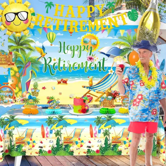 Summer Themed Happy Retirement Party Supplies with Hanging Swirl Honeycomb Centerpiece Banner Balloon Arch Kit for Tropical Hawaii Pool Retired Party Decor {4}