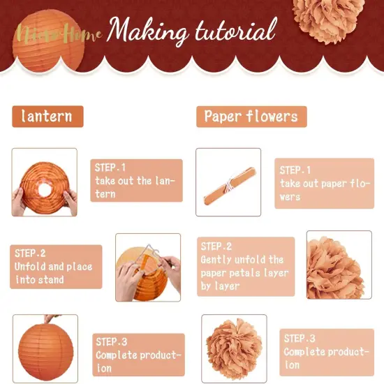 Wedding Decorations, 12 PCS Carmine Rust Orange Light Brown Tissue Paper Pom Poms and Lanterns for Rustic Classical Wedding, Baby Bridal Shower, Retro Party, New Year Party {2}