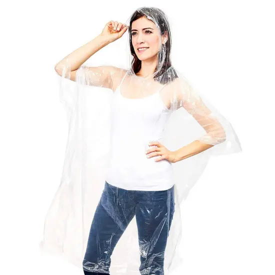 50 Pack Disposable Rain Ponchos for Adult, Bulk Emergency Ponchos with Hood, Individually Wrapped Raincoats (One Size) Clear {7}