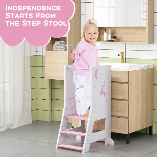 3 in 1 Multi-functional Design Kids Kitchen Standing Stool Tower with Chalkboard and Whiteboard Pink {3}