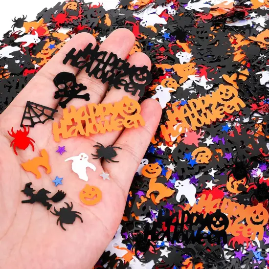 Halloween Party Table Scatter Confetti, Halloween Supplies Foil Metallic Sequins Confetti Trick Or Treat Party Sprinkles Confetti Decorations Pumpkin Bat Ghost Witch Skull Spider Decor, 60g {3}