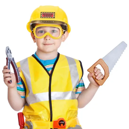 Kids Role Play Costume Set - 10-Piece Construction Worker Costume for Kids, Builder Dress Up Kit with Hard Hat, Tool Belt, Vest, and Other Accessories for Halloween Dress Up & Play, For Ages 3-14 Multicolor {4}