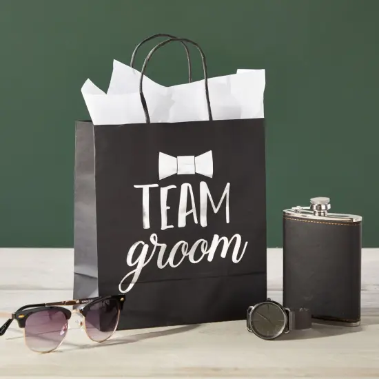 20 Pack Bride and Groom Gift Bags with Tissue Paper for Wedding, Groomsmen, Bridesmaid, Reads Team Bride and Team Groom (8 x 4 x 9 In) {3}
