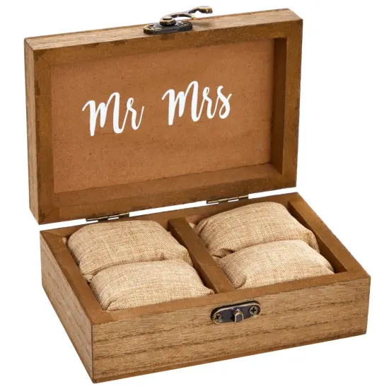 Juvale Wooden Two Become One Ring Bearer Box with Two Become One Design - Brown Burlap Pillow Lining - Wedding Ring Box for Ceremony, Anniversaries, and Marriage Renewal (6 x 4 x 2 In) {5}