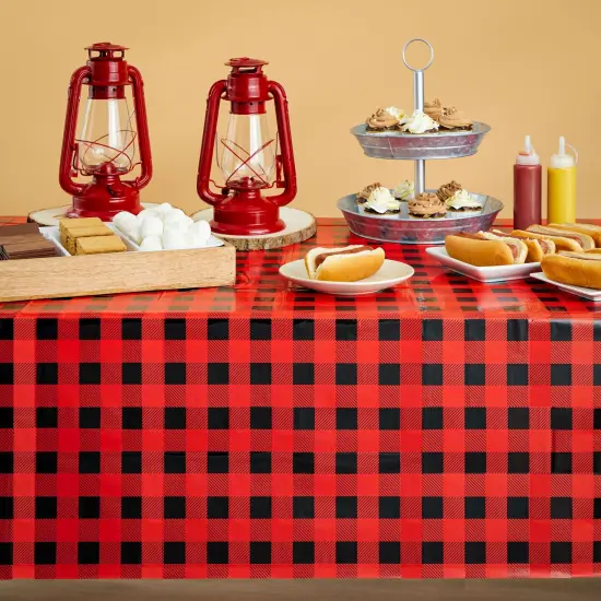 3 Pack Buffalo Plaid Plastic Tablecloth for Lumberjack Birthday Party Decorations, Disposable Red and Black Table Cover (54 x 108 In) {2}