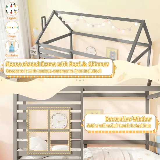 Solid Wood House Bed with Trundle, Guardrails and Customizable Design Grey {5}