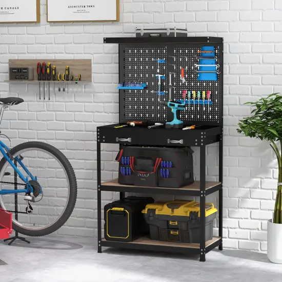 Freestanding Tool Storage Workbench with Pegboard with 14 Hanging Accessories and 2 Drawers Black and Blue {2}