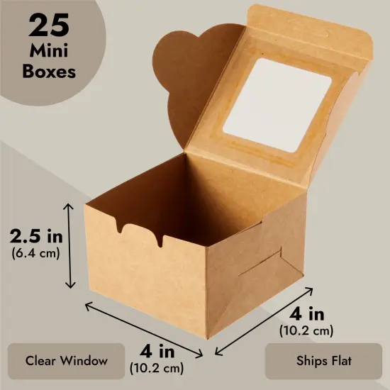 25-Pack Mini Cake Boxes with Window - Individual Cupcake Packaging Containers for Bundt Cakes, Cookies, Baked Goods, Donut, Pie (Kraft Paper Material, 4x4x2.5 In) Brown {3}