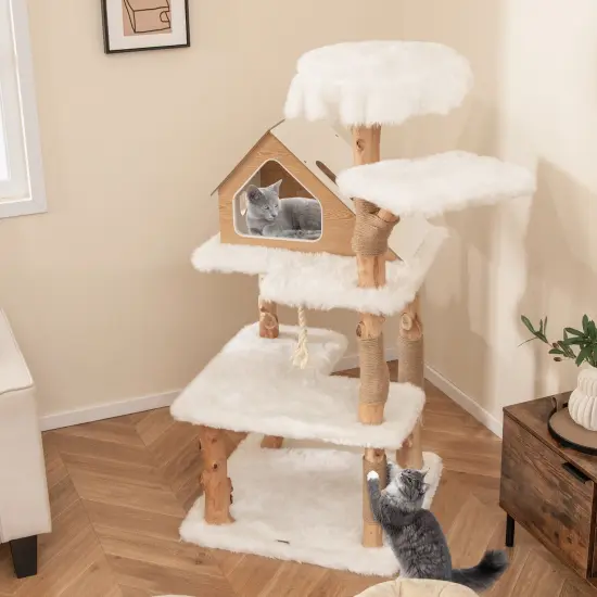 60 Inch Tall Wooden Cat Tree Tower with 2 Cozy Perches and 2 Large Platforms {3}
