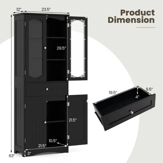 63 Inch Tall Freestanding Bathroom Storage Cabinet with 3-Position Adjustable Shelves and 2 Glass Doors Black {5}