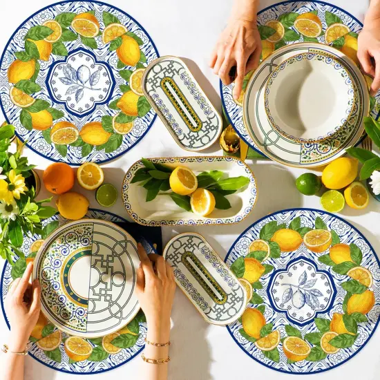 50 Pack Lemon Paper Placemats Disposable 50 Pack 13.7 Inch Cyan Blue Tiles Lemon Fruit Round Place Mats Summer Table Mats for Kitchen Dining Party Decoration {5}
