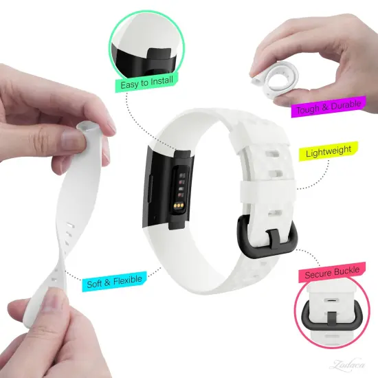 Zodaca Silicone Watch Band Compatible with Fitbit Charge 3, Charge 3 SE (Small), and Charge 4, Fitness Tracker Replacement Bands, White {4}