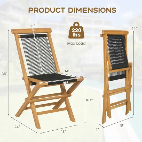 Costway 2/4 PCS Patio Folding Chairs with Woven Rope Seat & Back Indonesia Teak Wood for Porch Natural&Black {3}