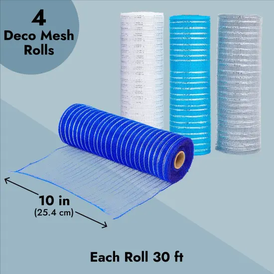 4-Pack Deco Mesh Ribbon Rolls, 1080 x 10 Inches Craft Mesh for Wreaths, Centerpieces, Decorations, Metallic Poly Burlap Mesh 10 inches in Blue, Silver, White, and Royal Blue Multicolor {3}