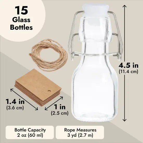 15 Pack Small Swing Top Glass Bottles with Lids, 2 oz/ 60 ml with Tags and Jute Twine for Wedding Party Favors Clear {5}