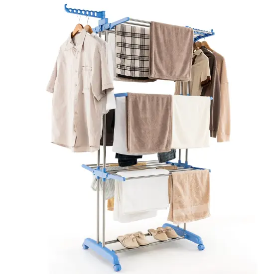 Blue 4-Tier Freestanding Folding Clothes Drying Rack with Rotatable Side Wings and 8 Hanging Rods {4}