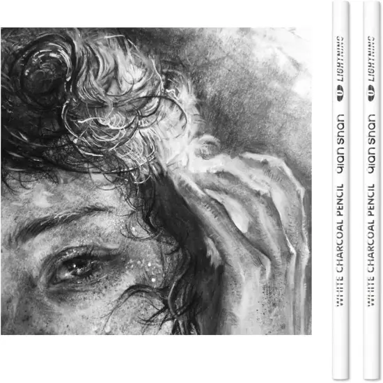2 Pcs White Sketch Charcoal Pencils -Professional Hight Quality Sketch Highlight White Charcoal Wooden Pencils for Artist Drawing, Sketching, Blending {3}